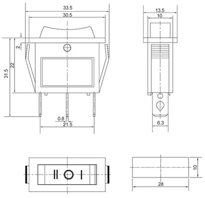 Рис.1. Габаритный чертеж перекидного переключателя KCD3-103